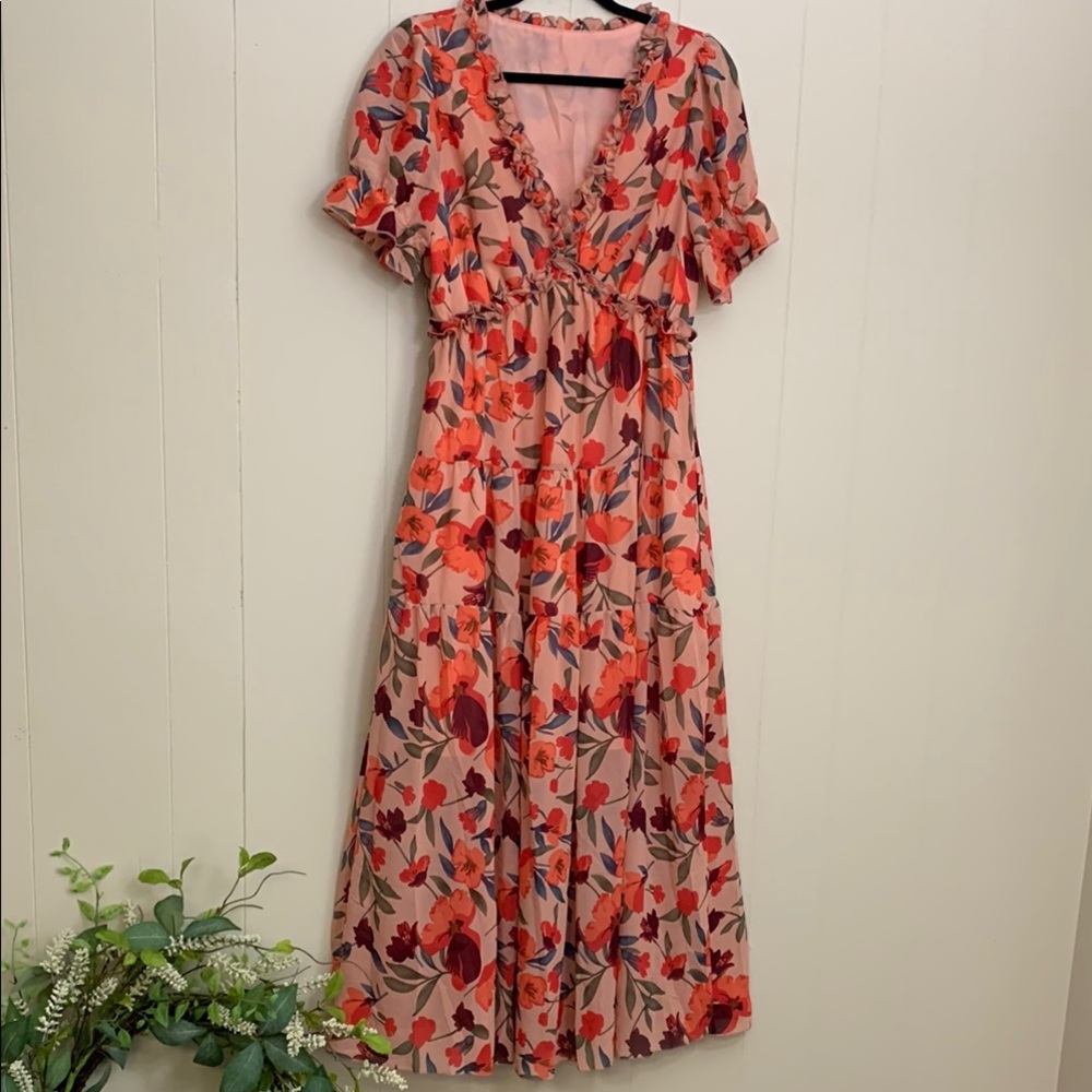 Floral V-NeckMaxi Dress, Short Flounce Sleeve, Shades of Coral,Size M/L   NWOT